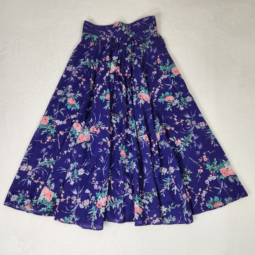 Vintage Purple Floral Midi Skirt High Waisted Rayon Blend Made in Calif Size 9